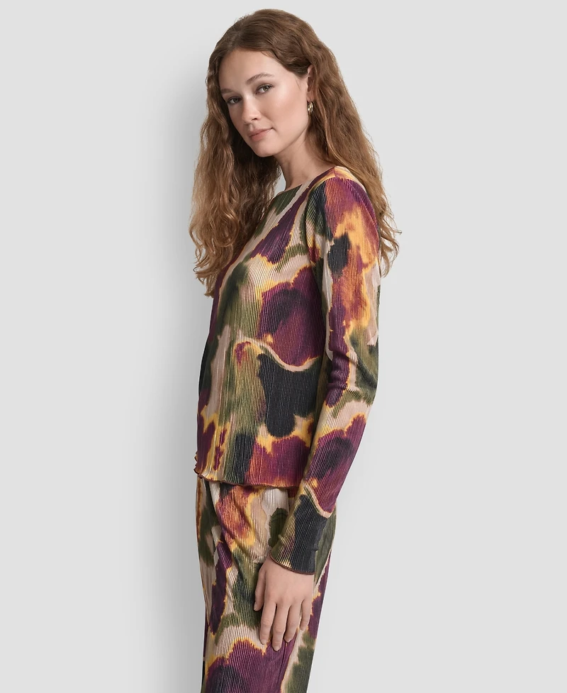 Dkny Women's Plisse Printed Long Sleeves Top