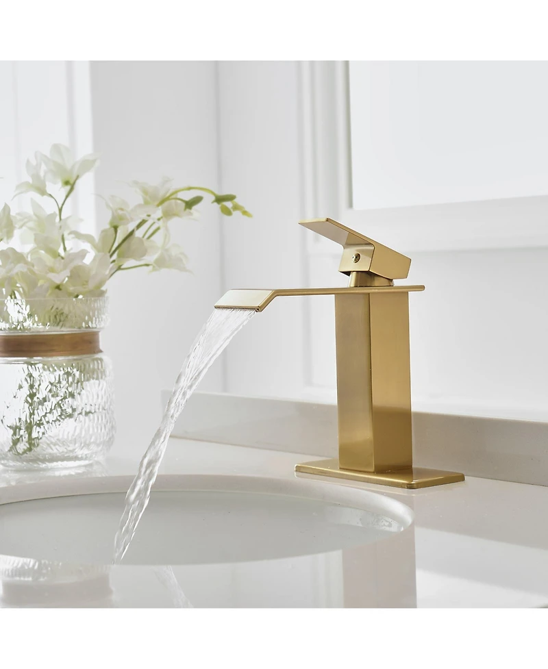 Waterfall Single Handle Hole Modern Bathroom Faucet Drip-Free Lavatory Rv Sink Brushed Gold