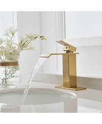 Waterfall Single Handle Hole Modern Bathroom Faucet Drip-Free Lavatory Rv Sink Brushed Gold