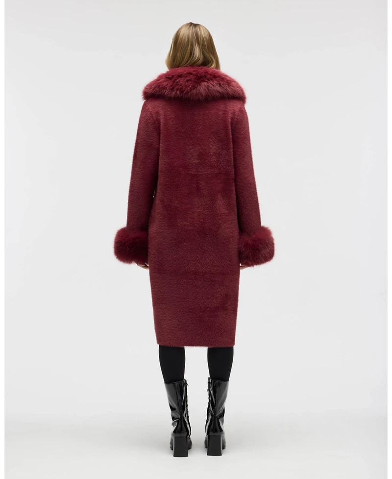 Nvlt Women's Longline Elegant Coatigan with Detachable Fur Collar and Cuffs