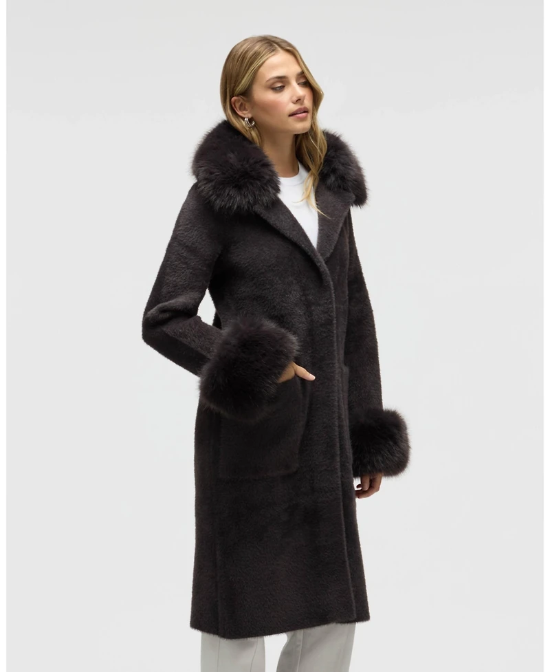 Nvlt Women's Longline Elegant Coatigan with Detachable Fur Collar and Cuffs