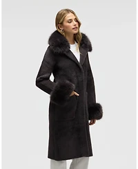 Nvlt Women's Longline Elegant Coatigan with Detachable Fur Collar and Cuffs
