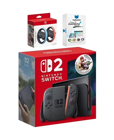 Nintendo Switch 2 Mario Kart World Bundle with Joy Con Wheel and MightySkins Code Bundle