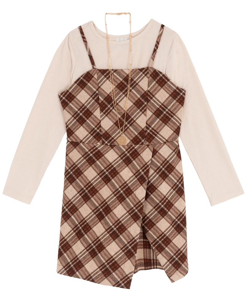 Rare Editions Big Girls 2-Piece Plaid Top, Jumper with Shorts, and Necklace Set
