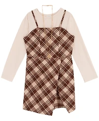 Rare Editions Big Girls 2-Piece Plaid Top, Jumper with Shorts, and Necklace Set