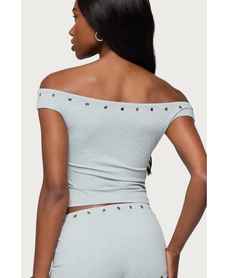 Edikted Womens Neriah Grommet Off Shoulder Top