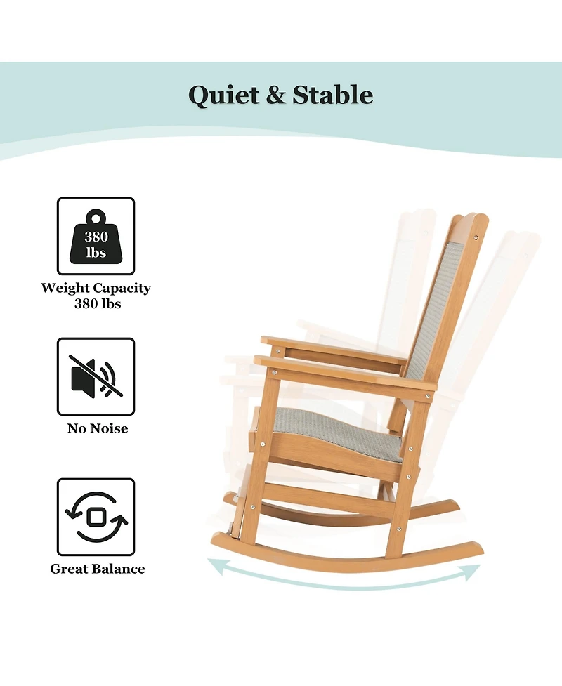 Mega Casa Poly Lumber Outdoor Rocking Chair with High-Strength Textilene Backrest and Seat, Ergonomic Design, Hips, Wood-Like Pattern, Heavy Duty 380