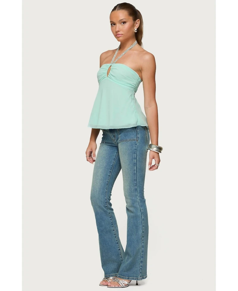 Edikted Women's Sequin Chiffon Keyhole Halter Top