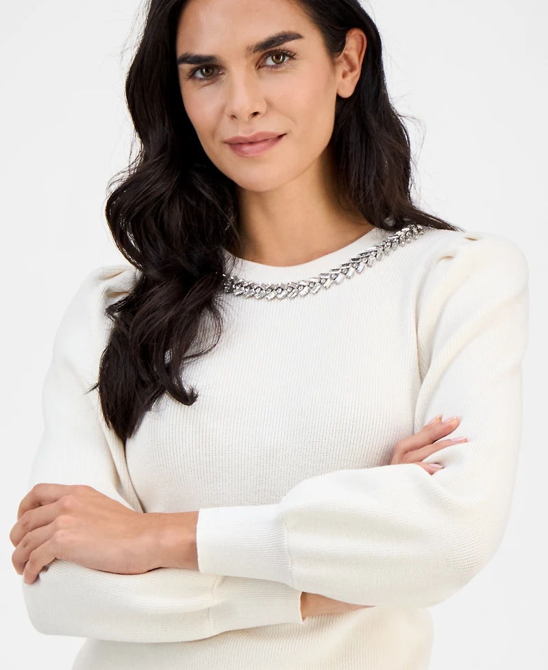 Ak Anne Klein Petite Embellished-Crewneck Puff-Sleeve Sweater