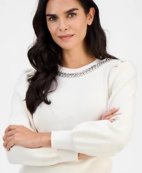 Ak Anne Klein Petite Embellished-Crewneck Puff-Sleeve Sweater