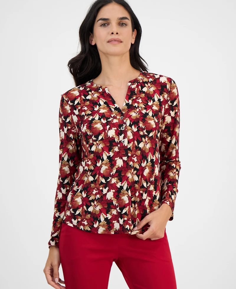 Ak Anne Klein Petite Floral-Print Long-Sleeve Top