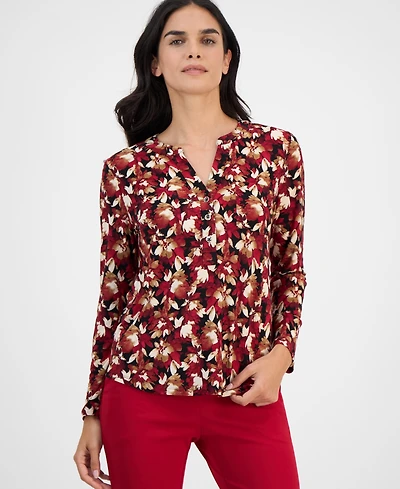 Ak Anne Klein Petite Floral-Print Long-Sleeve Top