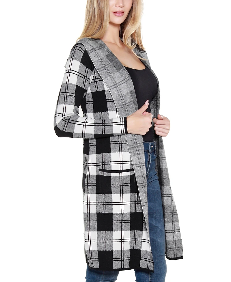 Belldini Women's Hooded Checkered Plaid Coatigan Sweater