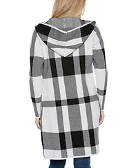 Belldini Women's Hooded Plaid Coatigan Sweater