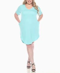 White Mark Plus V-Neck Folded Sleeves and Pockets Knee-Length Dress