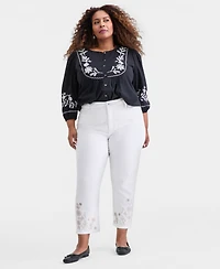 Style & Co Plus Embroidered High-Rise Straight-Leg Cropped Jeans, Macy's Exclusive