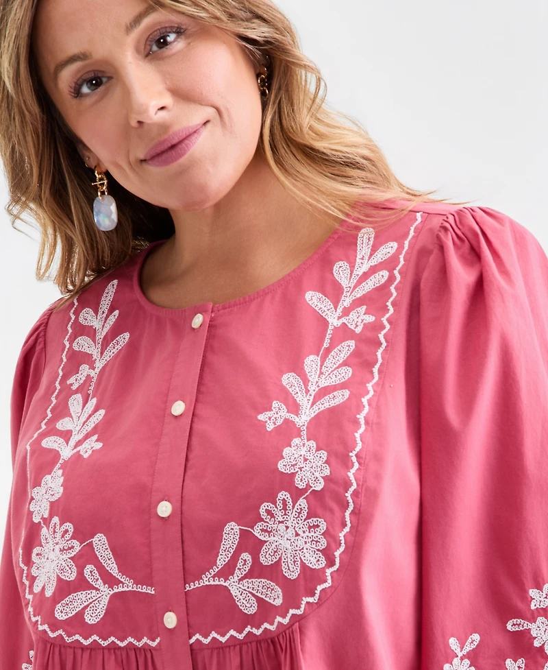 Style & Co Plus Cotton Embroidered 3/4-Sleeve Blouse, Macy's Exclusive