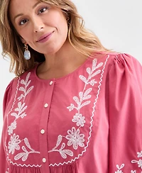 Style & Co Plus Cotton Embroidered 3/4-Sleeve Blouse, Macy's Exclusive