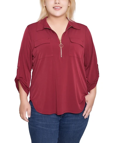 Ny Collection Plus 3/4 Roll Tab Zip Front Top