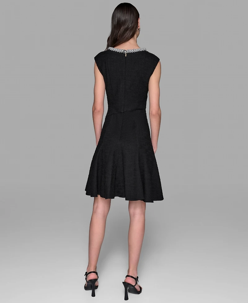 Karl Lagerfeld Paris Women's Stretch Textured Knit with Embellished Neck