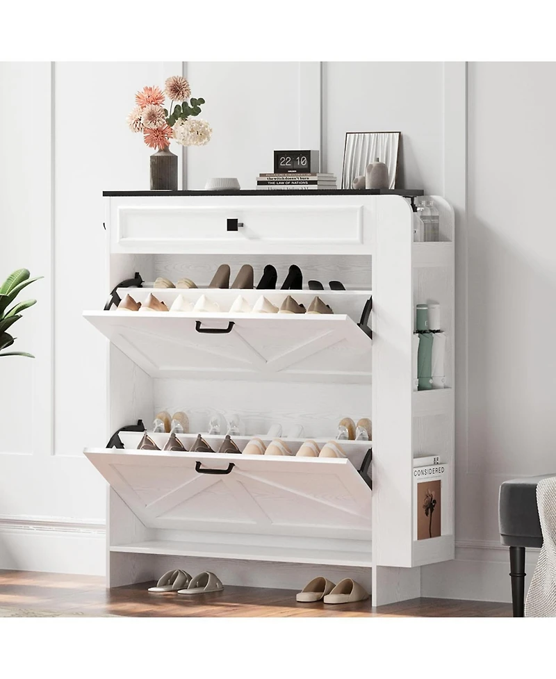 Ironck Shoe Storage Cabinet with 2 Flip Drawers & Barn Door, White/Black