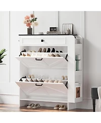 Ironck Shoe Storage Cabinet with 2 Flip Drawers & Barn Door, White/Black