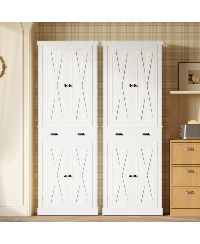 Ironck Kitchen Pantry with Barn Doors, Drawer, 4 Adjustable Shelves, White