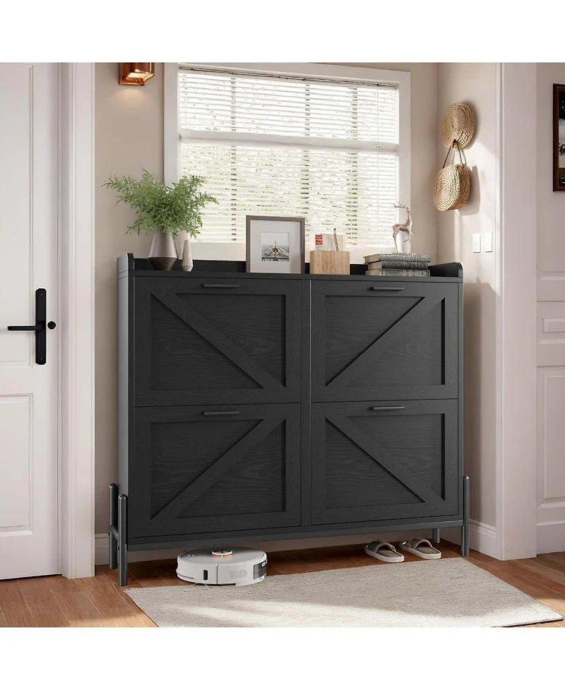 Ironck Shoe Storage Cabinet with 4 Flip Drawers, Metal Legs, Black