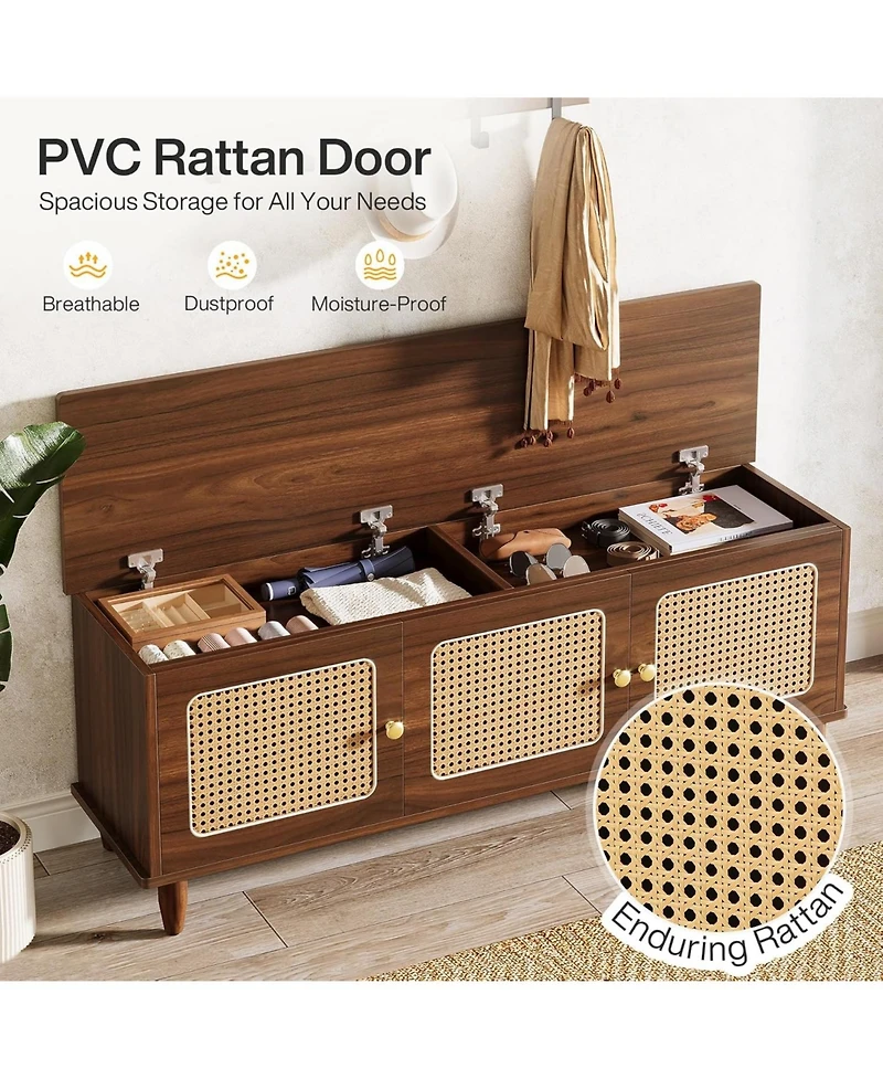 Tribesigns 55" Shoe Bench with Lift Top Storage, 2-Tier Entryway Bench with 3 Rattan Doors