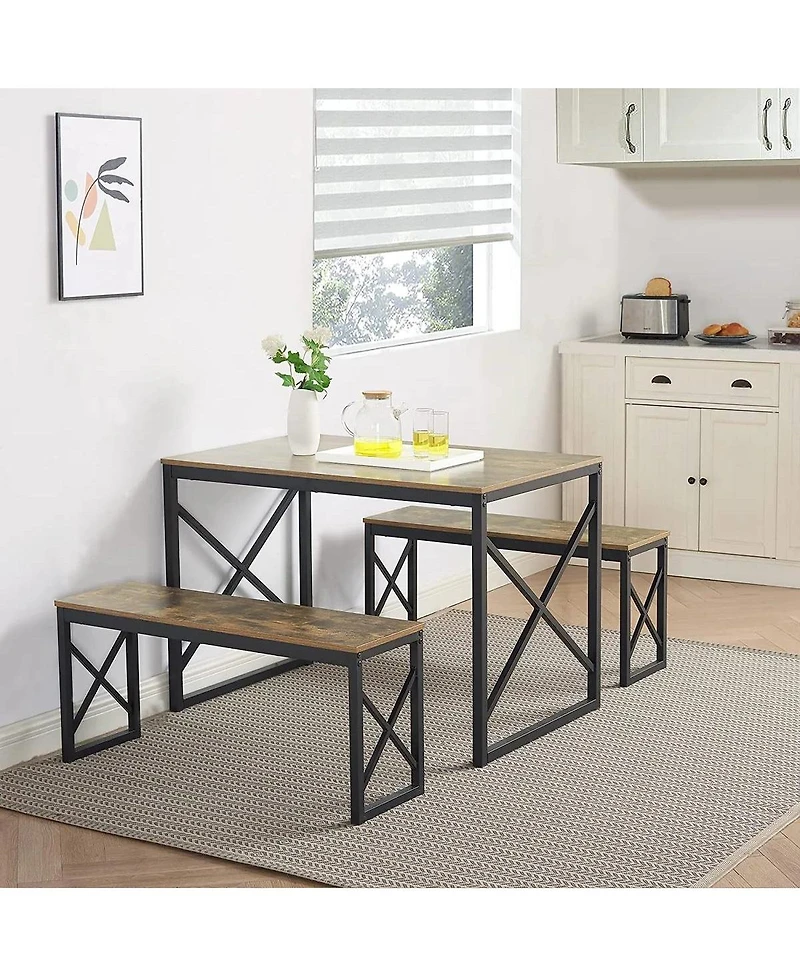 Slickblue Wood-Top Kitchen Dining Table with 2 Backless Benches, Industrial Style