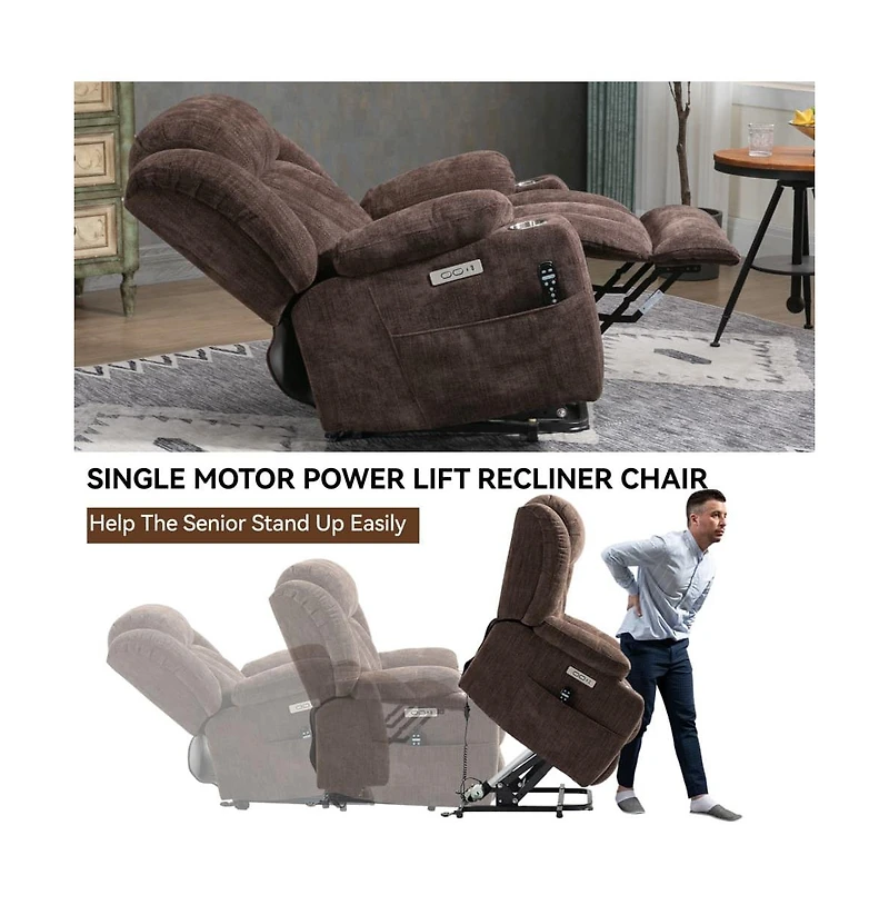 Maison Boucle Power Lift Recliner with Heat & Massage, Electric Chenille Chair Usb Port, Cup Holders Heavy-Duty 350 Lbs Support-Maison