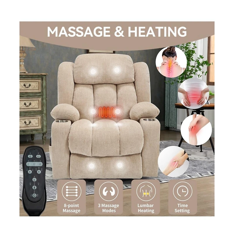 Maison Boucle Power Lift Recliner with Heat & Massage, Electric Chenille Chair Usb Port, Cup Holders Heavy-Duty 350 Lbs Support-Maison