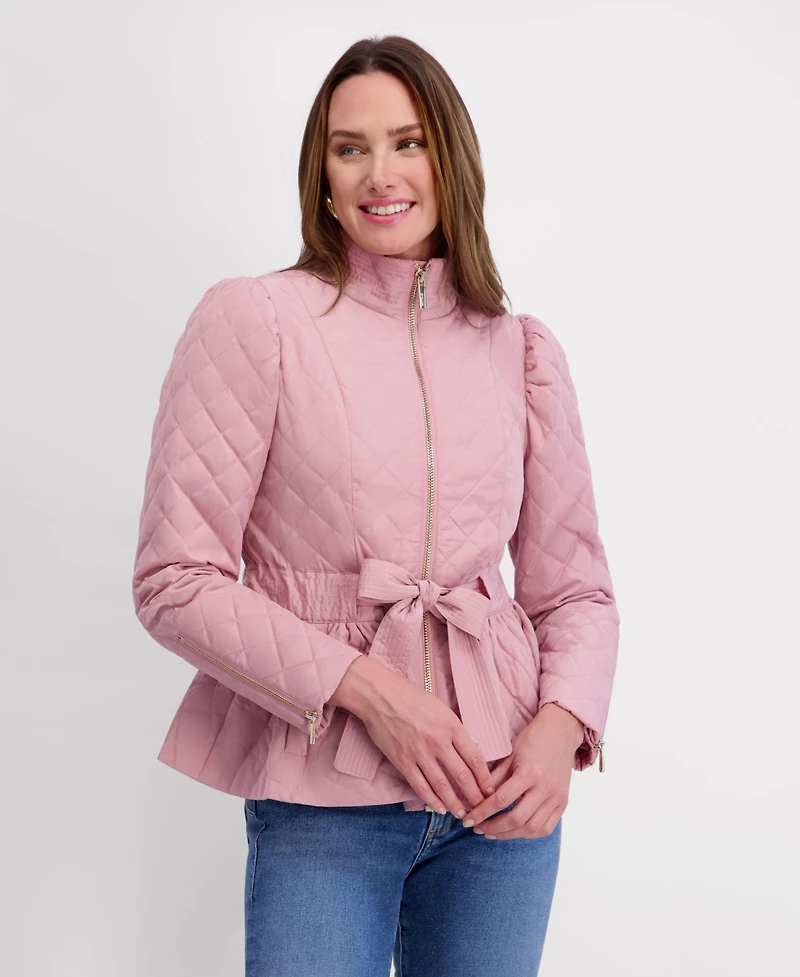 Kensie Women's Quilted Puff Sleeved Belted Jacket
