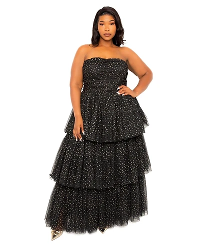 Buxom Couture Plus Metallic Polka Dot Tiered Tulle Dress