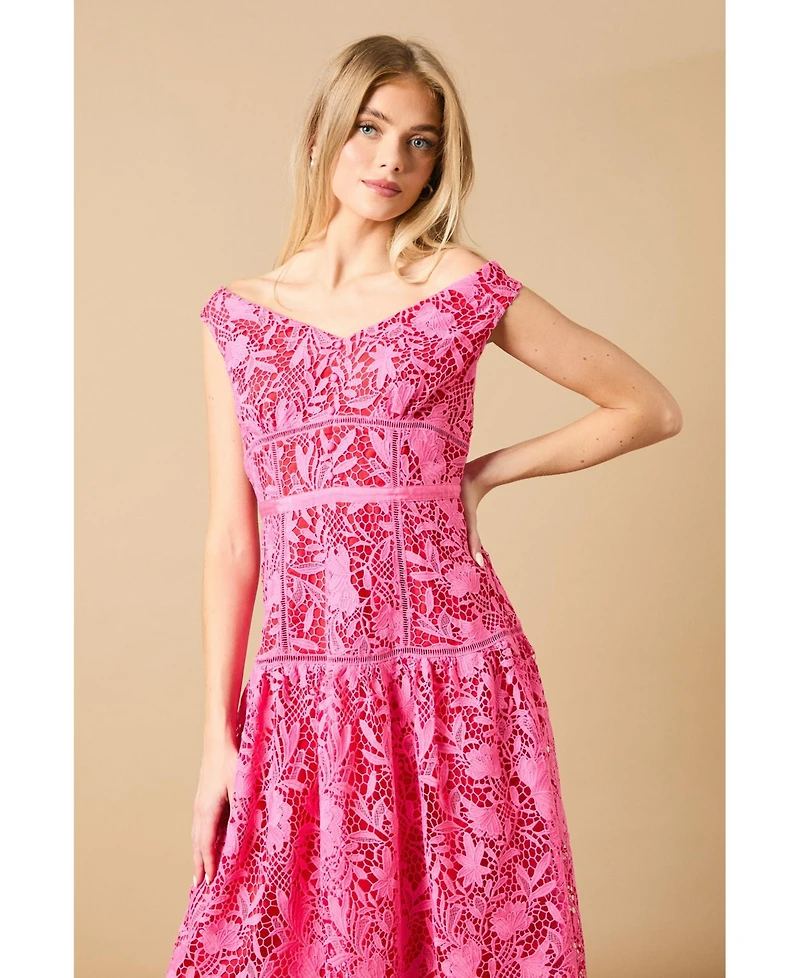 Oasis Women's Floral Lace Off The Shoulder Midi Dress