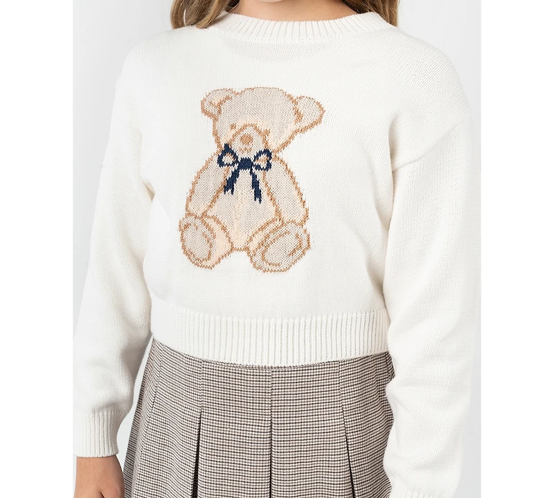 Rare Editions Big Girls 2 piece Teddy Bear Sweater and Plaid Skirt Dress Set