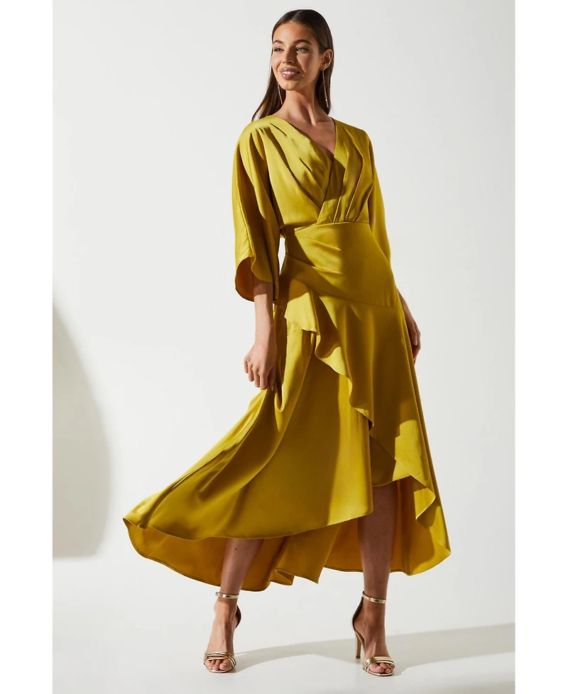 Coast Women's Satin Back Crepe Ruffle Wrap Midi Dress
