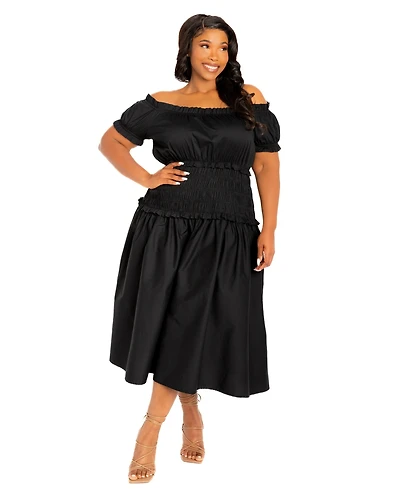 Buxom Couture Women's Plus Off Shoulder Smocked Midi Dress