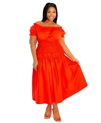 Buxom Couture Women's Plus Off Shoulder Smocked Midi Dress