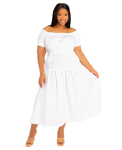 Buxom Couture Women's Plus Off Shoulder Smocked Midi Dress