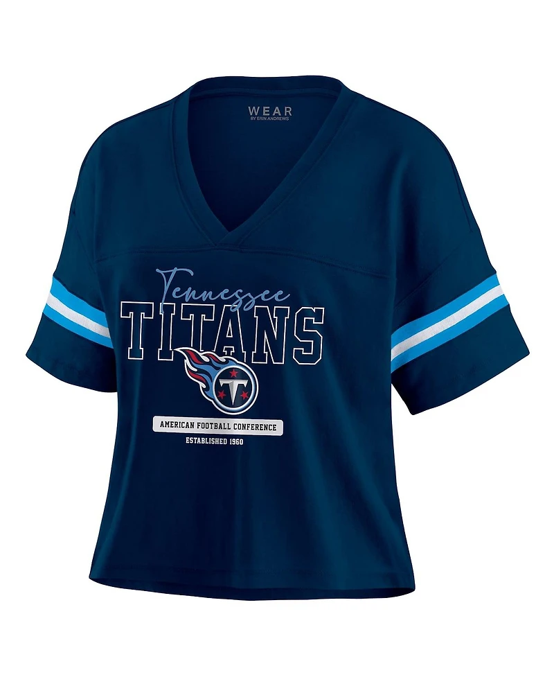 Wear by Erin Andrews Women's Navy Tennessee Titans Color Block Boxy Modest Crop V-Neck T-Shirt