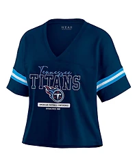 Wear by Erin Andrews Women's Navy Tennessee Titans Color Block Boxy Modest Crop V-Neck T-Shirt