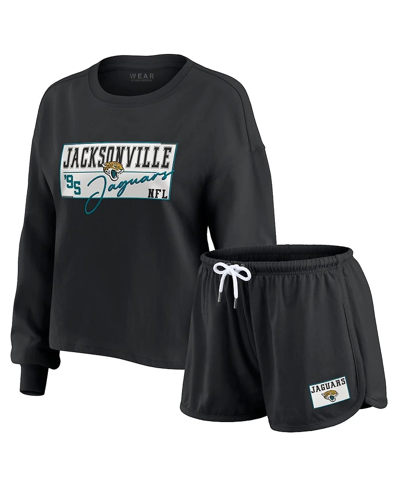 Wear by Erin Andrews Women's 2-Piece Black Jacksonville Jaguars Heavy Rugby Jersey Long Sleeve T-Shirt and Shorts Lounge Set