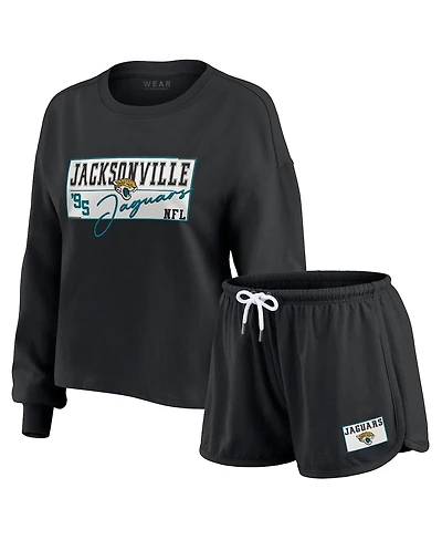 Wear by Erin Andrews Women's 2-Piece Black Jacksonville Jaguars Heavy Rugby Jersey Long Sleeve T-Shirt and Shorts Lounge Set
