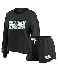 Wear by Erin Andrews Women's 2-Piece Black Jacksonville Jaguars Heavy Rugby Jersey Long Sleeve T-Shirt and Shorts Lounge Set