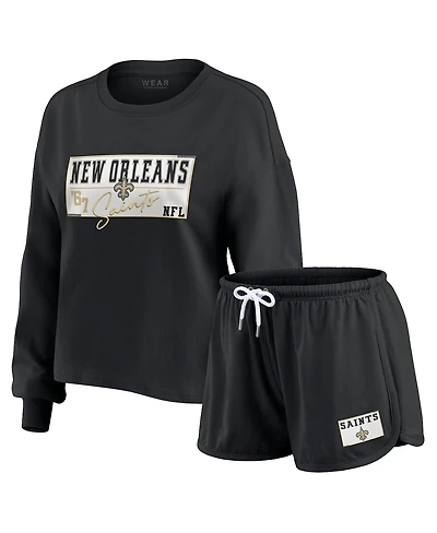 Wear by Erin Andrews Women's 2-Piece Black New Orleans Saints Heavy Rugby Jersey Long Sleeve T-Shirt and Shorts Lounge Set