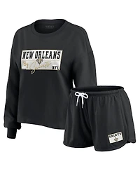 Wear by Erin Andrews Women's 2-Piece Black New Orleans Saints Heavy Rugby Jersey Long Sleeve T-Shirt and Shorts Lounge Set