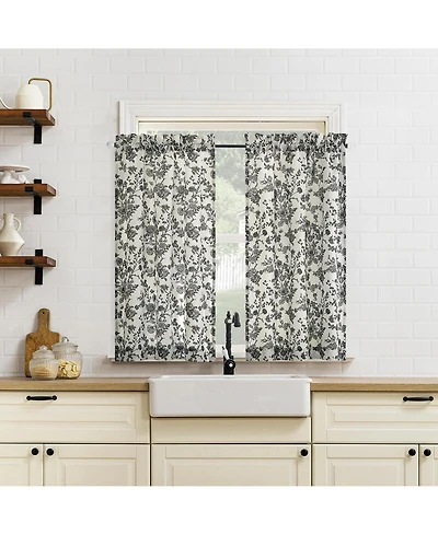 No. 918 Elodie Tonal Botanical Semi-Sheer Rod Pocket Kitchen Curtain Tier Pair