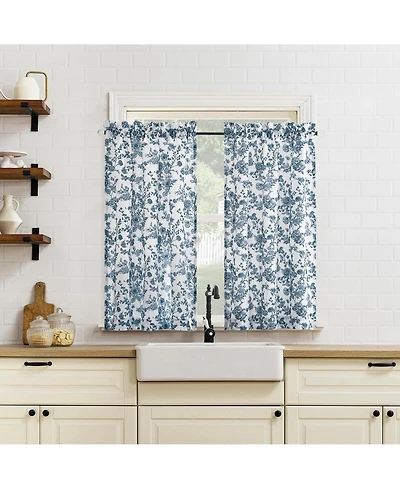 No. 918 Elodie Tonal Botanical Semi-Sheer Rod Pocket Kitchen Curtain Tier Pair