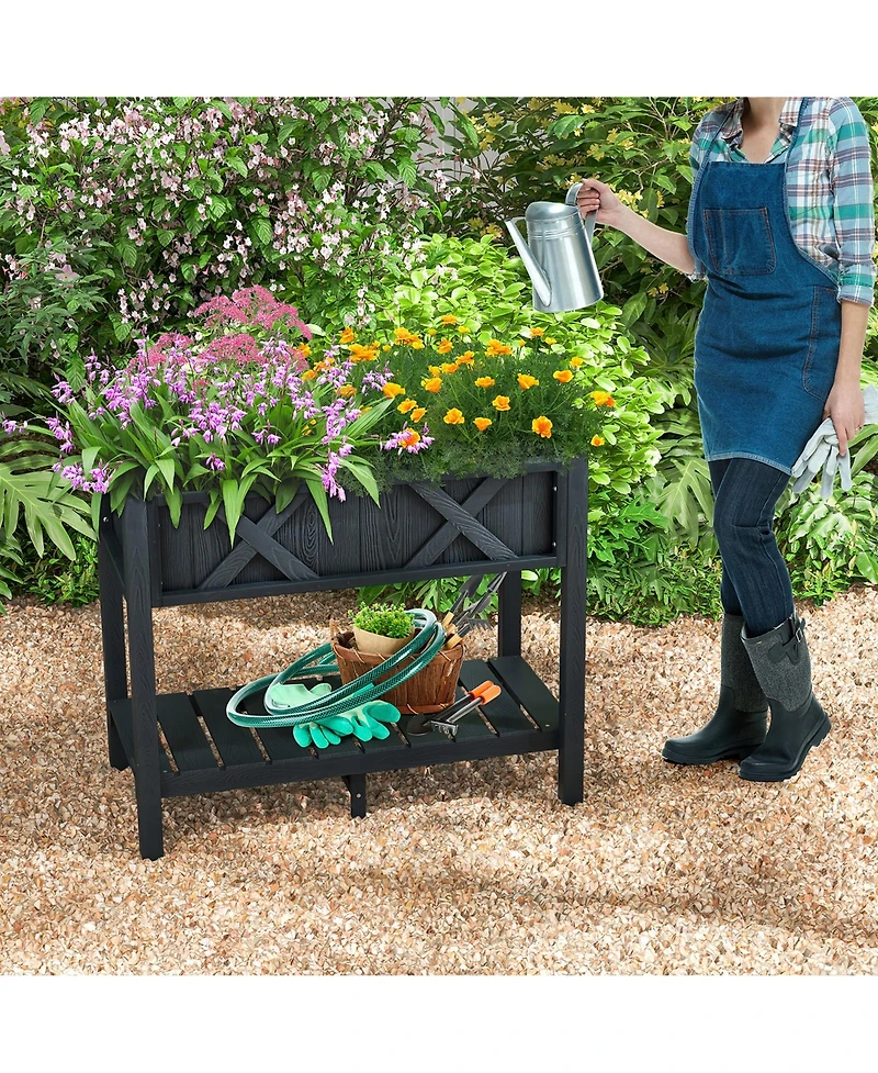 Gymax Hips Raised Garden Bed Poly Wood Elevated Planter Box w/ Legs & Storage Shelf